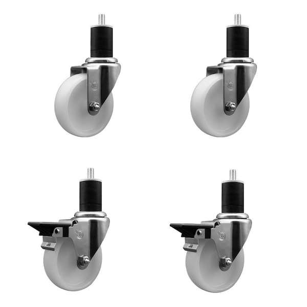 4'' Nylon Wheel Swivel 1-3/4'' Expanding Stem Caster Set 2 Brakes, 4PK